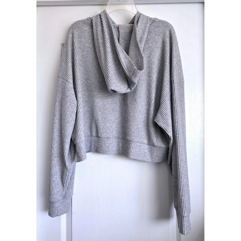 Alo Yoga Muse Hoodie Heather Grey Ribbed Cropped Pullover Size Large W3357R
